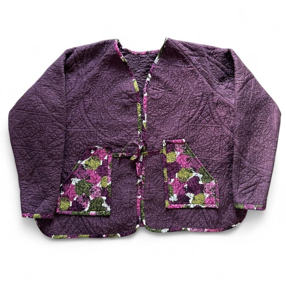 Quilted Homemade Jacket with Floral Trim & Pockets, Size XL